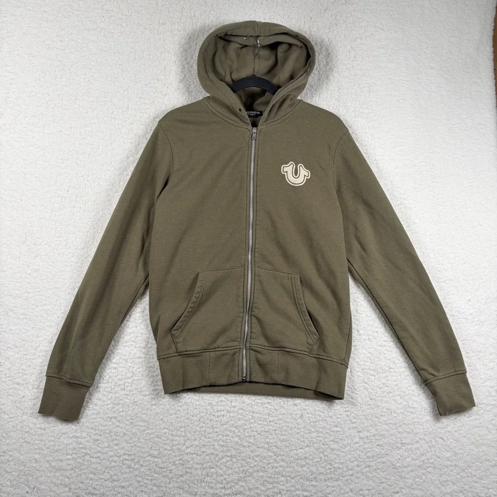 True Religion Mens Olive Green Buddha Logo Zip Up Hoodie Sweatshirt Small